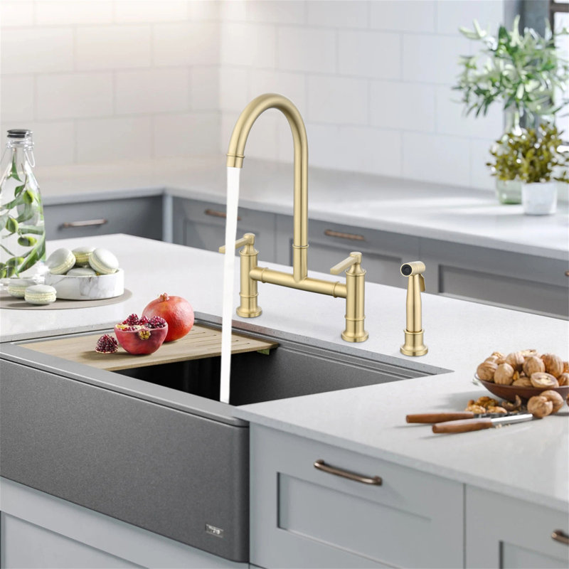 Brushed Gold Stainless Steel Double Handle Bridge Kitchen Faucet