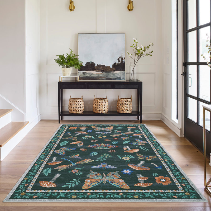 Floral Machine Washable Rug with Non-Slip Backing, Soft Thin Low Pile Non Shedding Floor Carpet, Indoor Foldable Printed Accent Mat for Living Room/Nursery/Bedroom