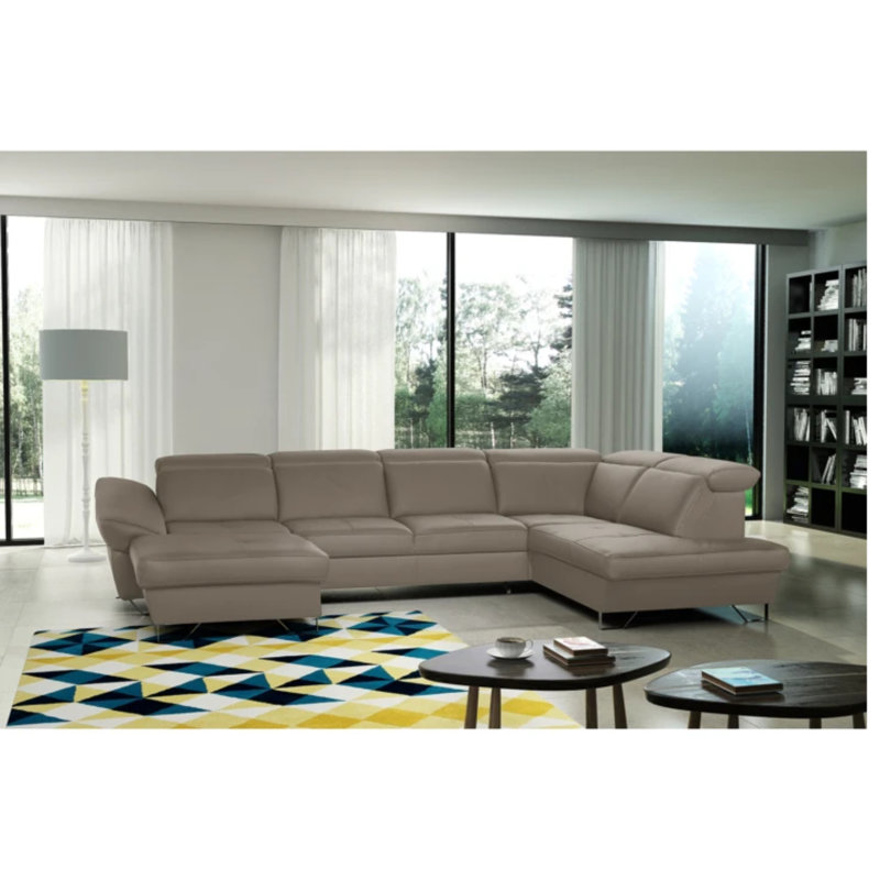 Natron Leather Corner U-form Sofa with Sleeping Function and Storage , Right Hand Facing, Tan
