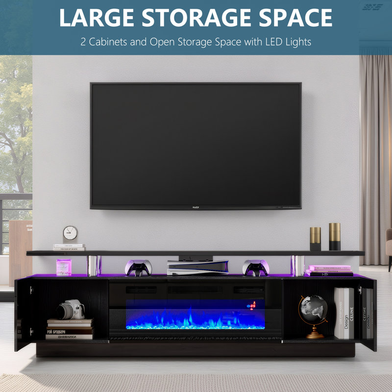 Bhhatu 2 Tier High Gloss TV Stand with Electric Fireplace Included, 70", Black