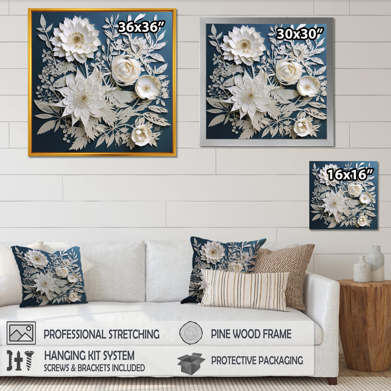 «Ryot White and Blue Flowers Bouquet Elegance», reproduction sur toile, H 16 po x l 16 po, Cadre flottant brun