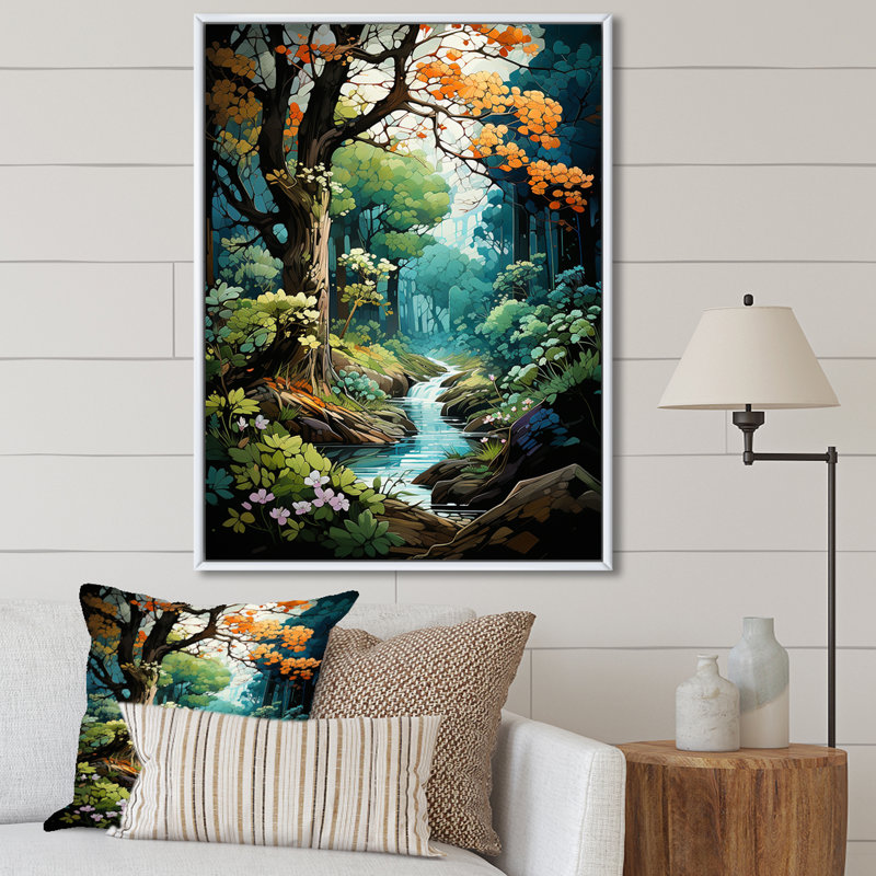 Green Tree Oak Enchantment, reproduction d'art sur toile, H 32 po x l 16 po x P 1 po, Cadre flottant blanc