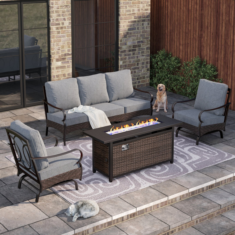 5 - Person Front Porch Furniture Sets With Fire Pit Table & Rocking Lounge Chairs, Gray