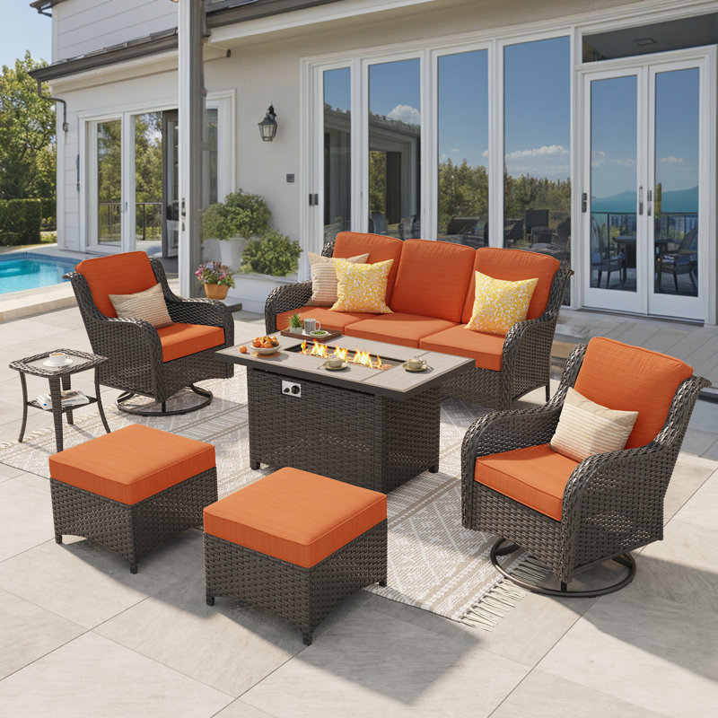 5 - Person Wicker Outdoor Conversation Set, Patio Swivel Chair Set with Fire Pit and Cushions, Orange Red Cushion/Brown Frame
