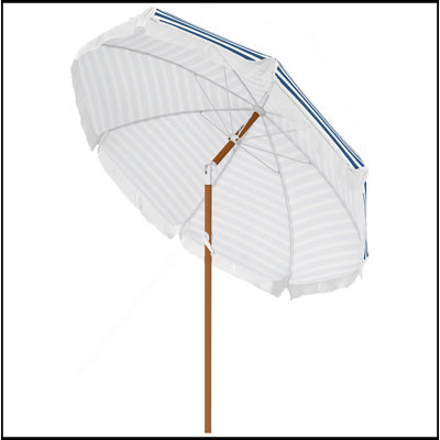 Versatile 7 X 7 Ft Outdoor Patio Umbrella With Tilt, Vent, Market Table Umbrella Parasol With Fringed Ruffles And Flounce, Blue Strip