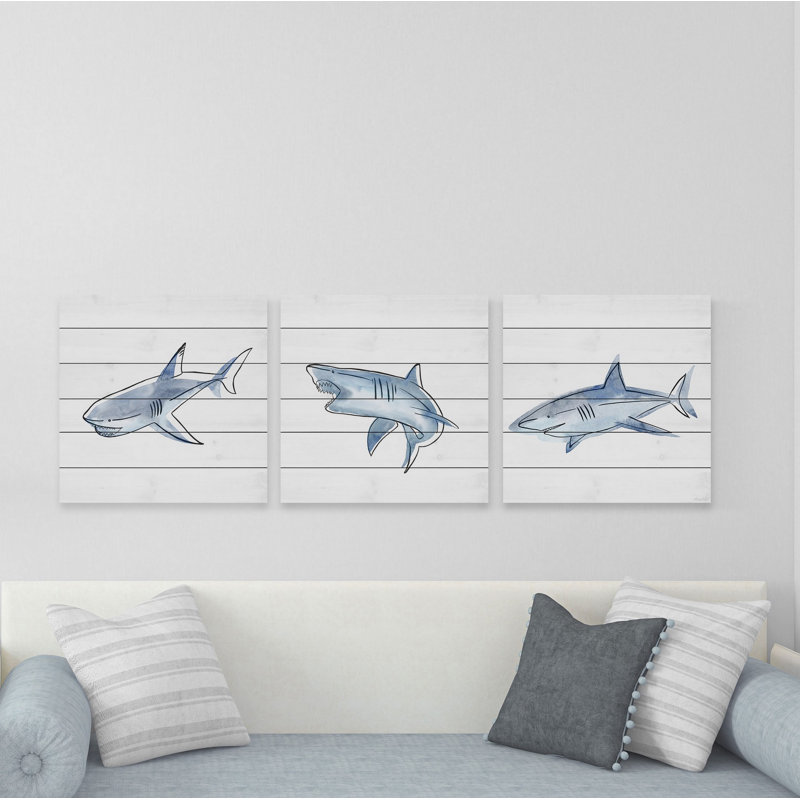 Fiery Sharks 3-Piece Print on White Wood, 18" H x 18" W x 1.5" D
