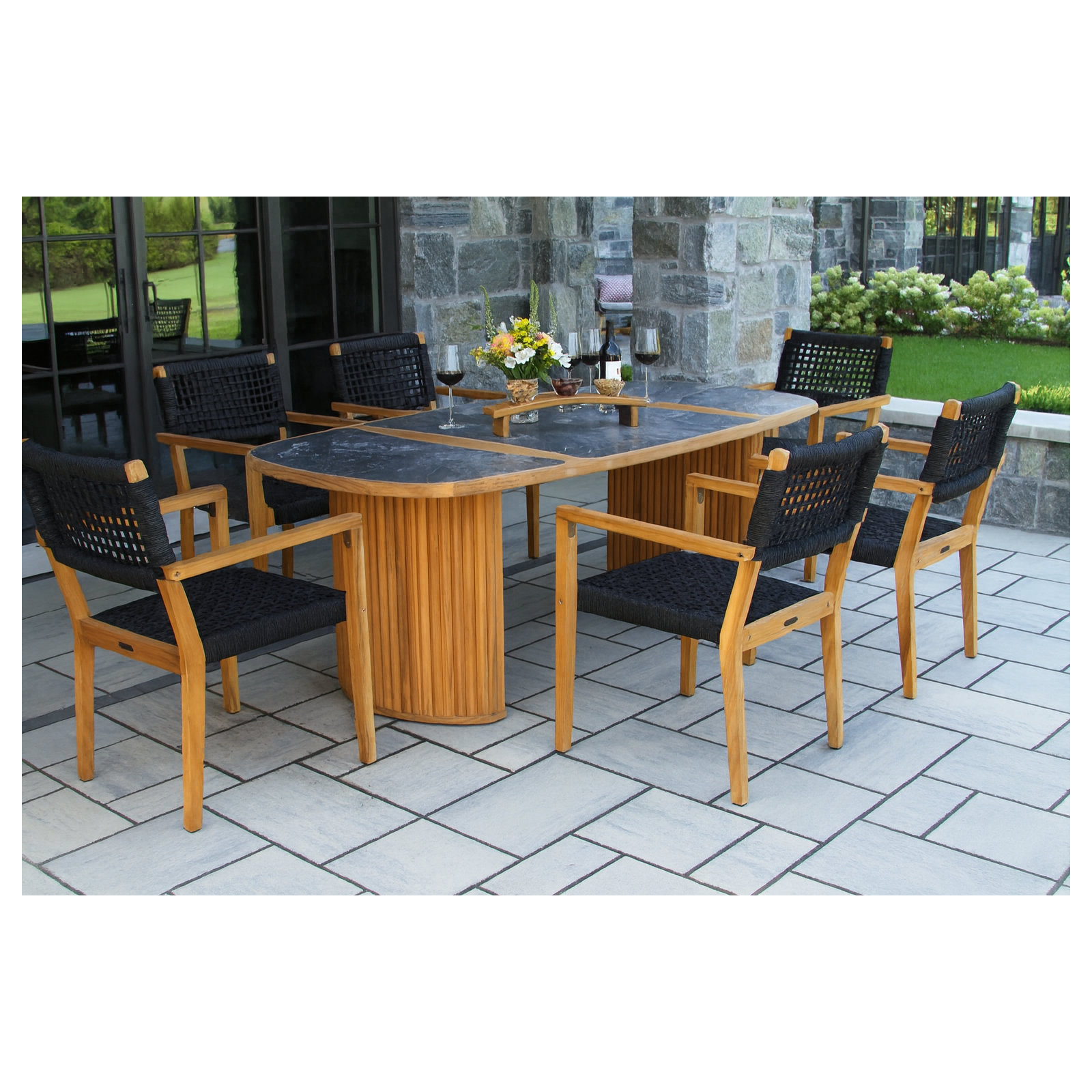 Cava 7 Pc. Teak & Black Rope Oval Dining Set With Orobico Stone Top, Gray