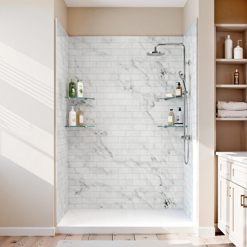 Panneaux de douche muraux, l 48 po x P 36 po x H 96 po, 0,14 po (3,5 mm) d'épaisseur, ensemble de 3 panneaux de douche imperméables SMC, ensemble de panneau de baignoire mural à installation rapide et ajustable avec 4 tablettes en verre