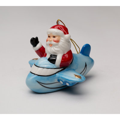 Santa Driving a Blue Jet Airplane Ornament 2 5/8"H