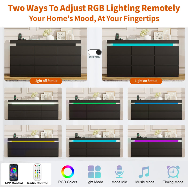 Double Wide Dresser With RGB LED Lights & Charging Station, 9-Drawer Storage Cabinet For Multi-Rooms, Modern Design, Black