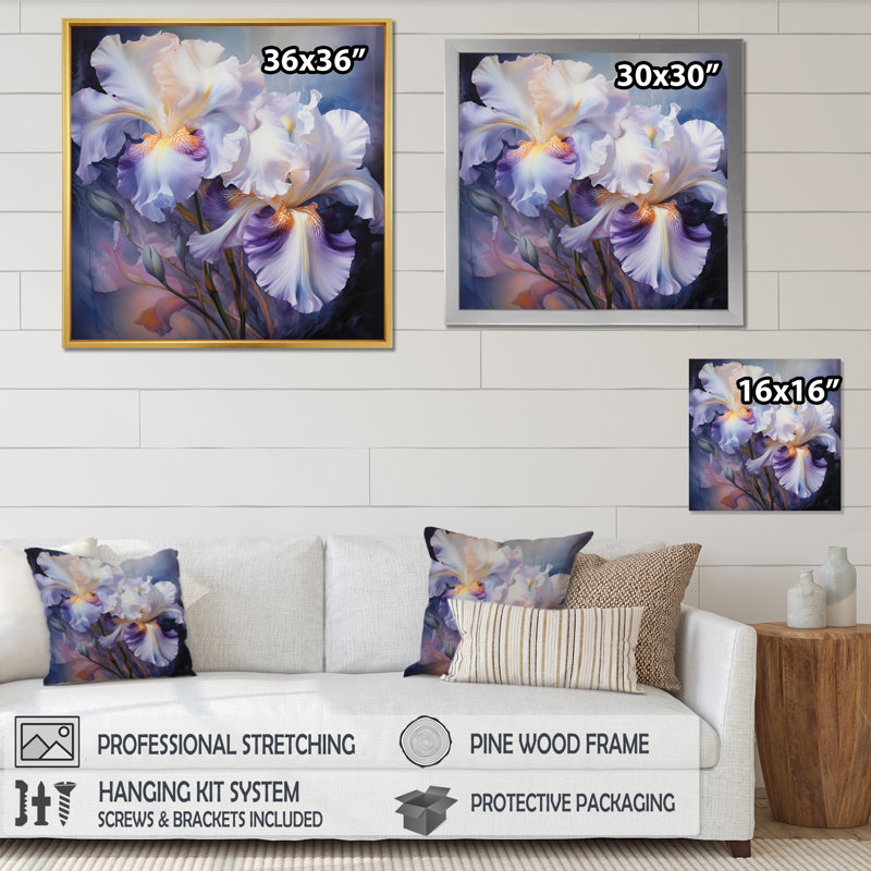 Rose, mauve, iris, impression romantique IV - impression, Encadrement doré, H 16 po x l 16 po x P 1 po