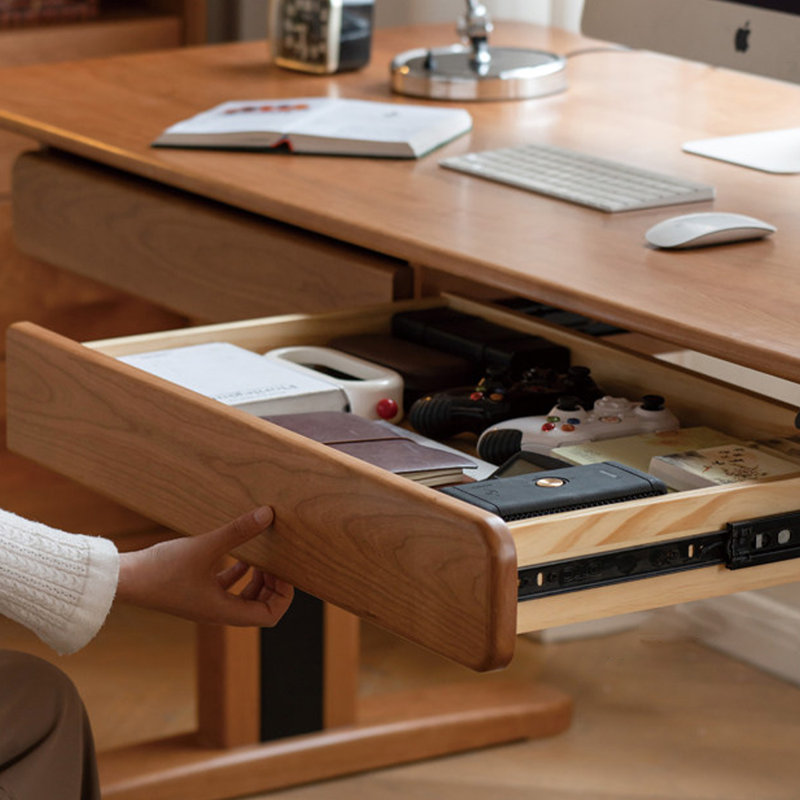 Bureau en cerisier rectangulaire en bois massif avec 2 tiroirs, 28.54"H×62.99"L×27.56"W