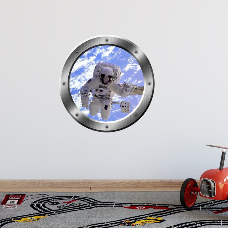 Décalcomanie murale espace extérieur 3d space hublot astronaute pour enfants, H 14 po x l 14 po