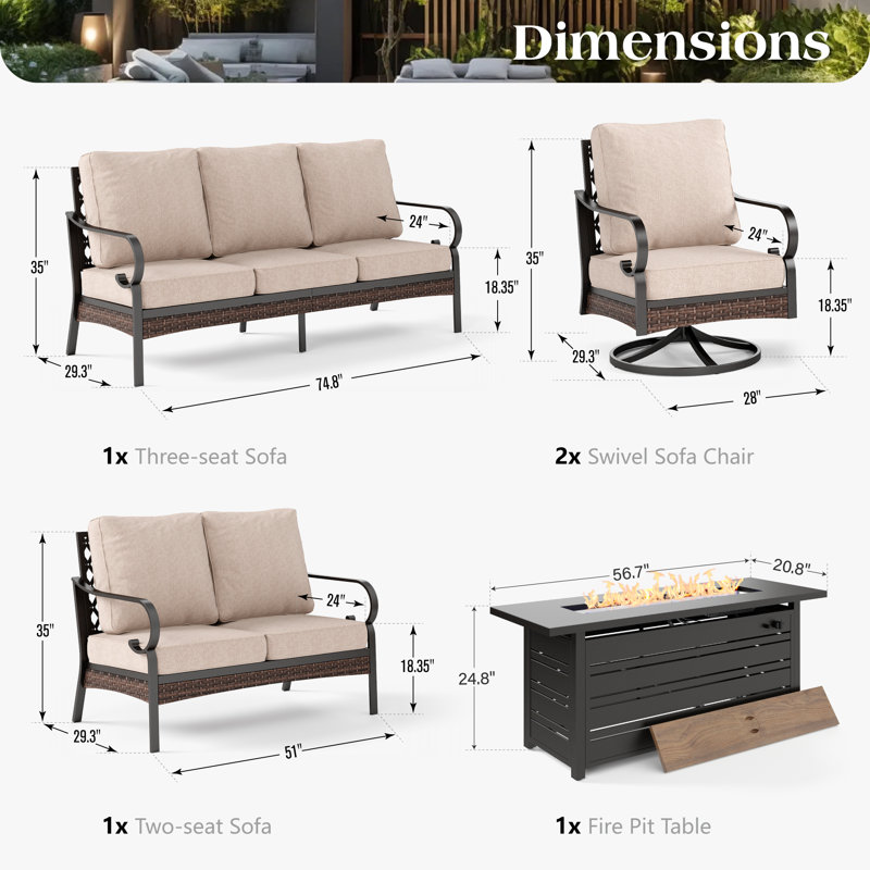 Ensemble de conversation pour 7 personnes avec chaises longues pivotantes, causeuse et table foyer, Noir / beige / noir