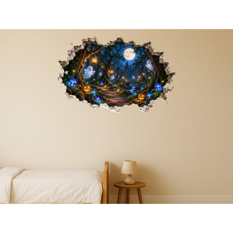Haunted Forest 3D Wall Sticker, Peel and Stick Halloween Decal with Ghosts Lanterns and Glowing Mushrooms, Satin Finish Kids Room Wall Art, 24"W x 16"H (61 x 41 cm)