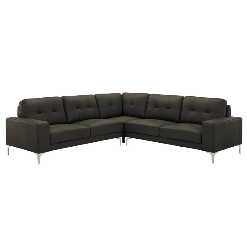 Norborne 102 In. Modern Leather Sectional Sofa In Cola With Tufted Back And Track Arms, Cola Top Grain Leather