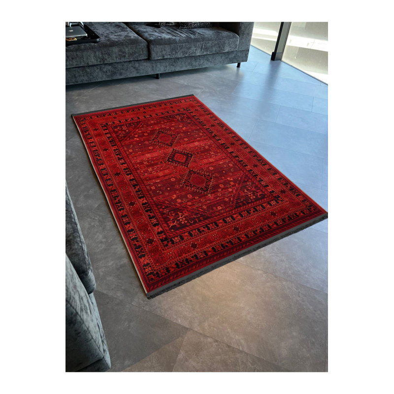 Tapis décoratif rouge rétro traditionnel et traditionnel lavable à la machine