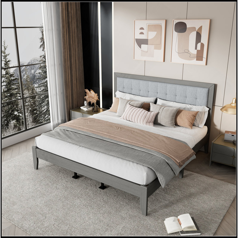 Solid Wood Platform Upholstered Headboard Bed, King