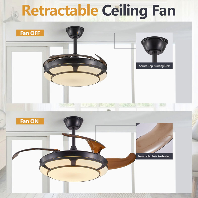 Ventilateur de plafond rétractable de 42 po avec lumière, ventilateur de lustre moderne à DEL avec télécommande, pales réglables à 6 vitesses, moteur à courant continu silencieux, éclairage à intensité variable pour le salon, la chambre à coucher, la salle à manger