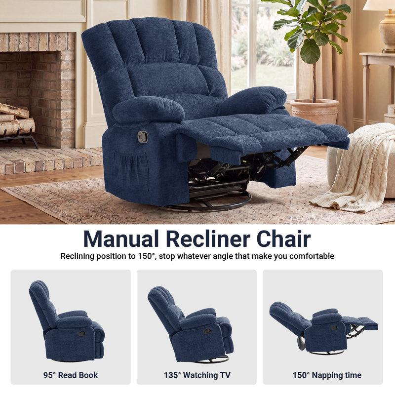 Breasha 39.7" Wide Manual Upholstered Swivel Rocker Recliner, Blue Polyester