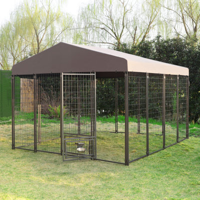 Extra Large Outdoor Dog Kennel With Rotating Feeding Door, Stainless Bowls And Upgraded Polyester Roof