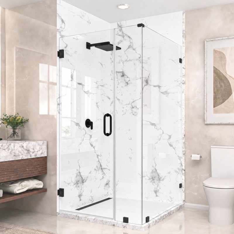 Cabine de douche d'angle à charnières murales sans cadre Nirvana, dimensions : 101,6 cm (L) x 91,4 cm (P) x 192,8 cm (H), verre clair facile à nettoyer de 10 mm d'épaisseur, fini noir mat.