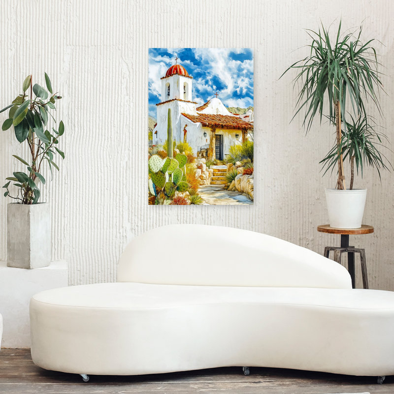 Tranquil Adobe Mission Rustic Tranquil Abstract Cactus Architecture Landscape Wall Art Print 1 Piece Wrapped Canvas Wall Art