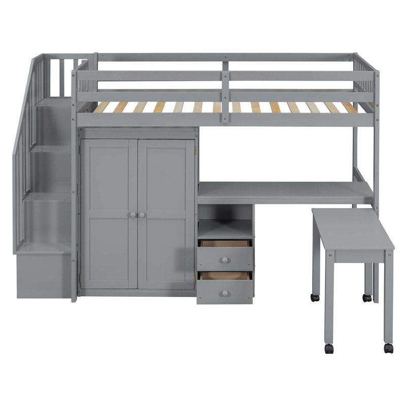 Lit mezzanine avec escalier, bibliothèque, tiroirs, bureau et garde-robe, Simple, gris