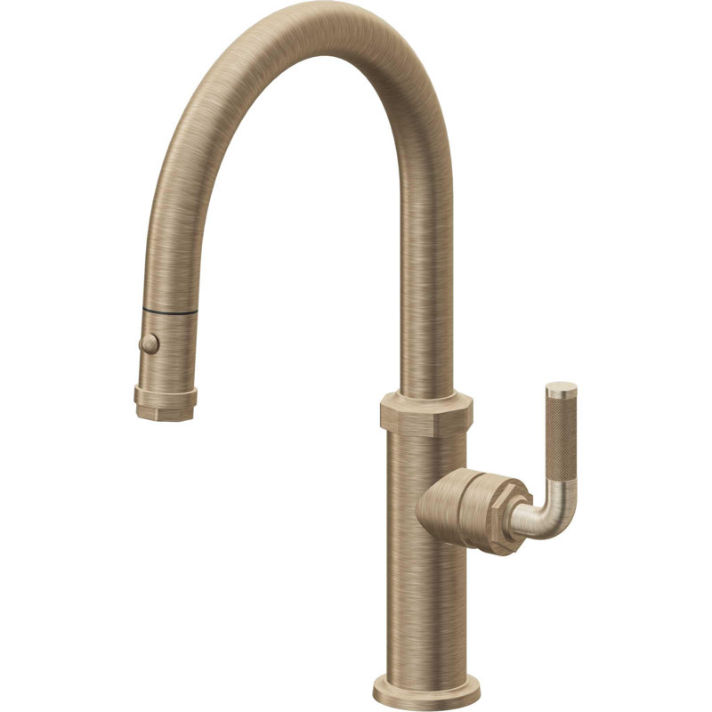 Descanso Kitchen Pull-Down Kitchen Faucet with Button Sprayer - Low Arc Spout, Antique Brass Flat