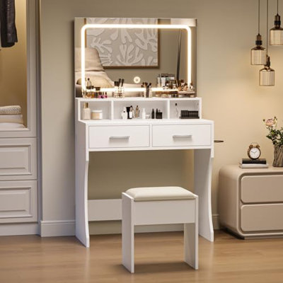 Miroir de salle de bain pour chambre à coucher avec lumières DEL et prises de courant - Miroir à lumière tactile à luminosité réglable, coiffeuse de maquillage avec tabouret