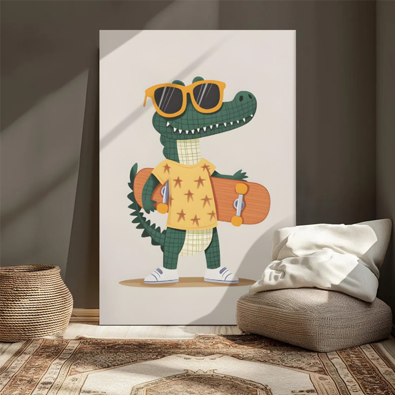 Mignon alligator avec lunettes de soleil tenant une planche à roulettes, style Illustration de dessin animé. Art mural encadré en toile - Cadre en bois massif de 24 po x 36 po et 1 po d'épaisseur pour le salon ou la chambre à coucher