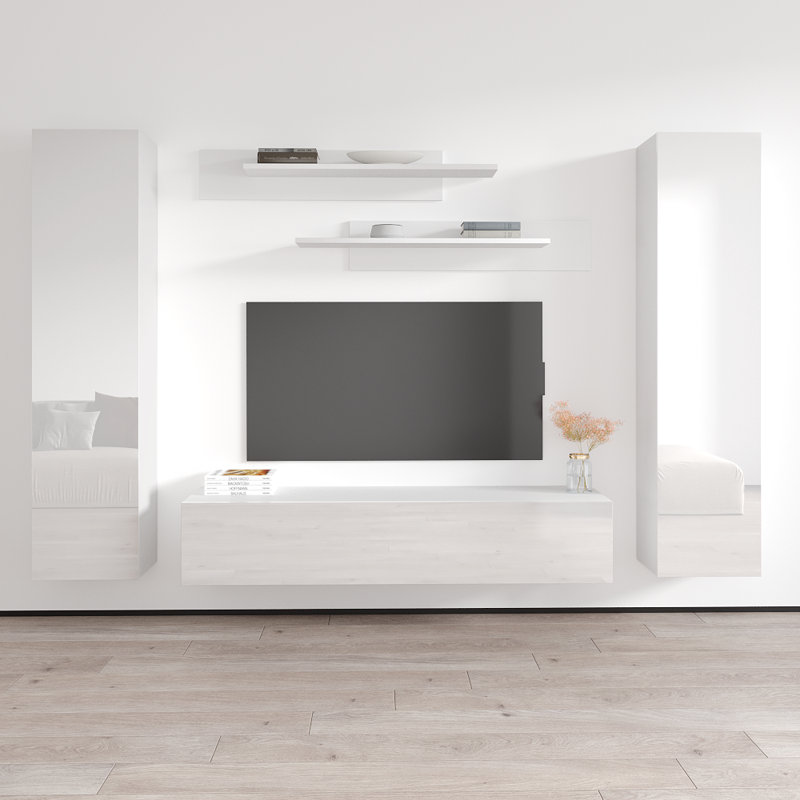 Volpe 100" Modern Floating Wall Mounted Entertainment Center with 16-Color LED Lighting, High Gloss Finish, White