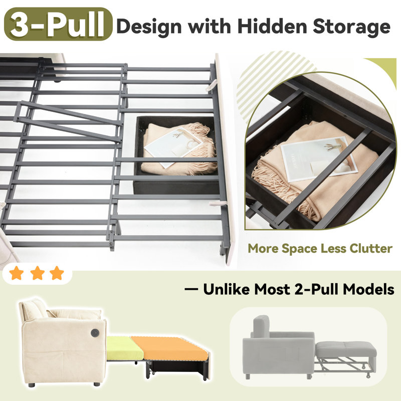 62.9" Pull Out Sofa Bed,3-In-1 Pull Out Couch With 5-Position Adjustable Backrest,Convertible Sleeper Sofa Bed With Storage & USB