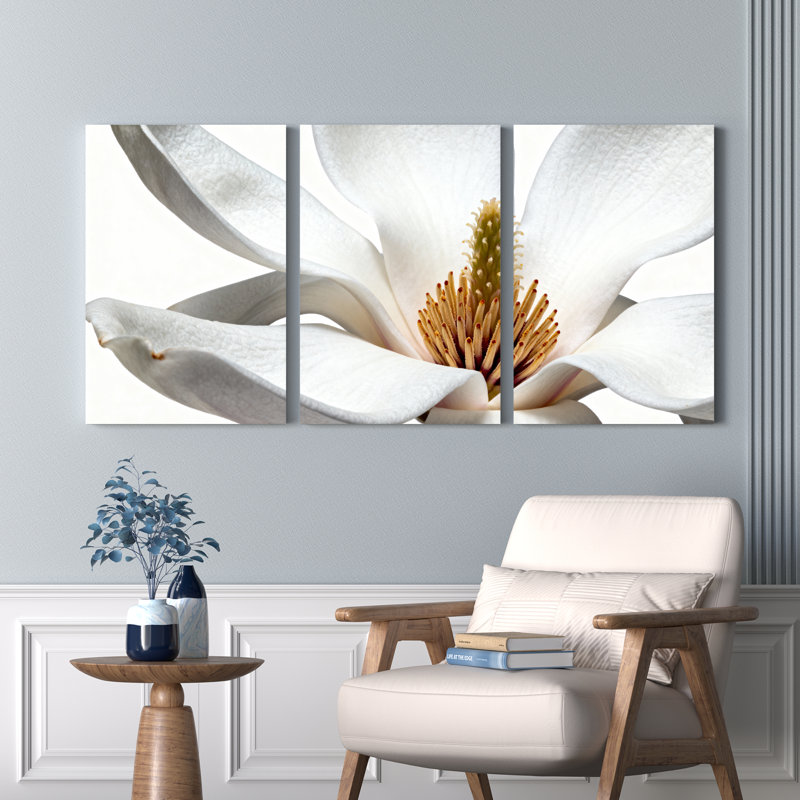 Ensemble de 3 tableaux sur toile tendue représentant des fleurs de magnolia blanc, pour la décoration du salon et de la chambre à coucher.