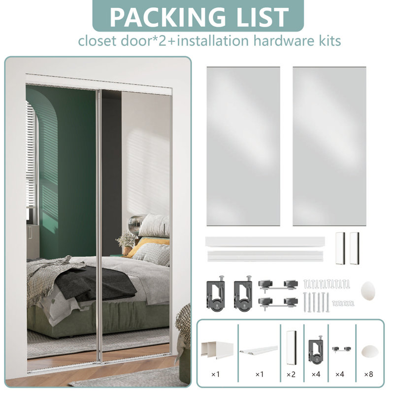 72" x 80" Full Size Mirror Sliding Closet Doors with Aluminum Frame & Installation Hardware Kit, 72" x 80"