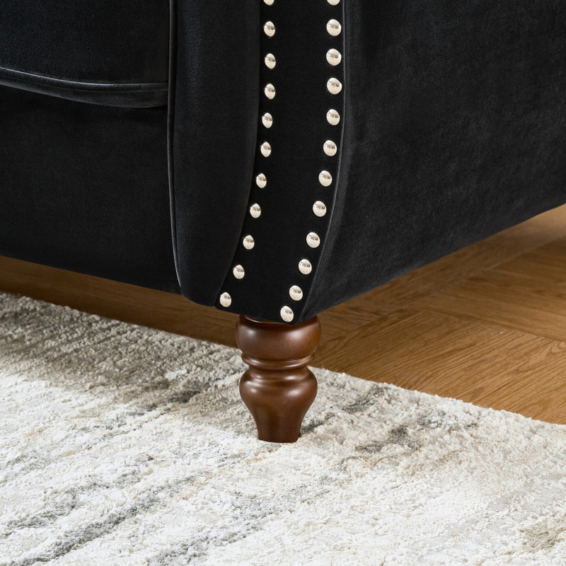 Canapé 2 places en velours noir 170 cm (67 po) avec accoudoirs arrondis et clous décoratifs, style européen pour salon, assise mi-ferme, garnissage en mousse haute densité, structure en pin massif, accoudoirs arrondis, noir, bois