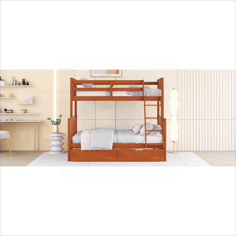 Lit simple superposé simple en bois massif brun chaud avec échelles et deux tiroirs de rangement pour les chambres résidentielles