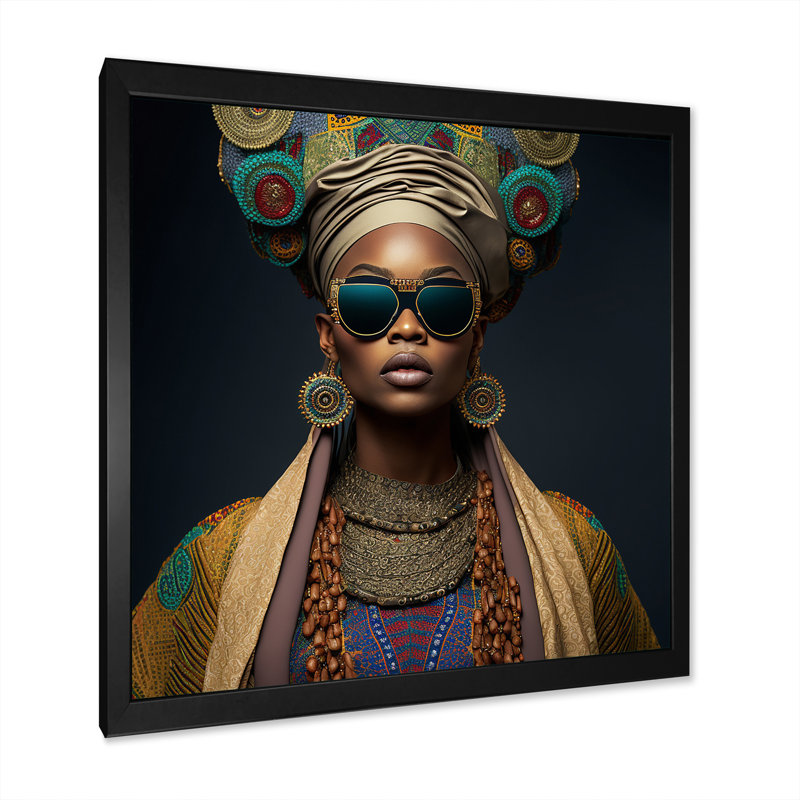 Princesse africaine avec bijoux en or - reproduction sur toile, Impression noire sur toile encadrée, L 16 po x H 16 po