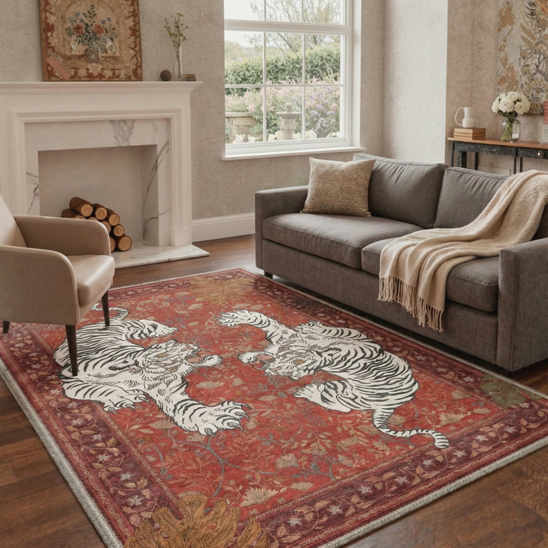 Teiarra Tiger Print Machine Washable Area Rug With Non-Slip Backing, Rectangle 9' x 12', Red