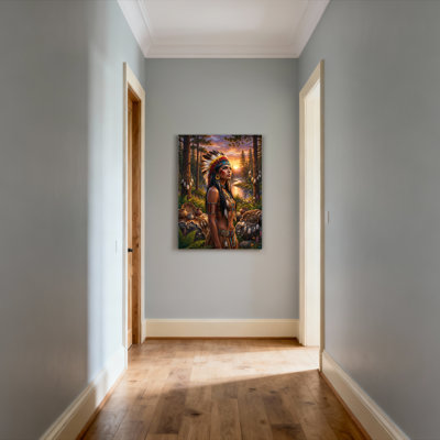 Native American Woman In Forest Sunset Canvas Wrapped Wall Art Oil Painting Print Set Of 1