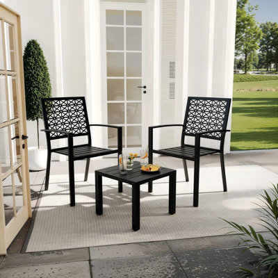 Ensemble bistro extérieur 3 pièces en acier – Mobilier de terrasse avec table et chaises, empilable, structure en acier antirouille, sièges ergonomiques pour porche, balcon et jardin, noir