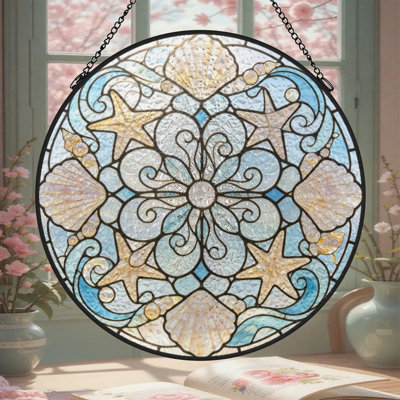 Coquillage et étoile de mer vitrail circulaire vitrail pour fenêtre