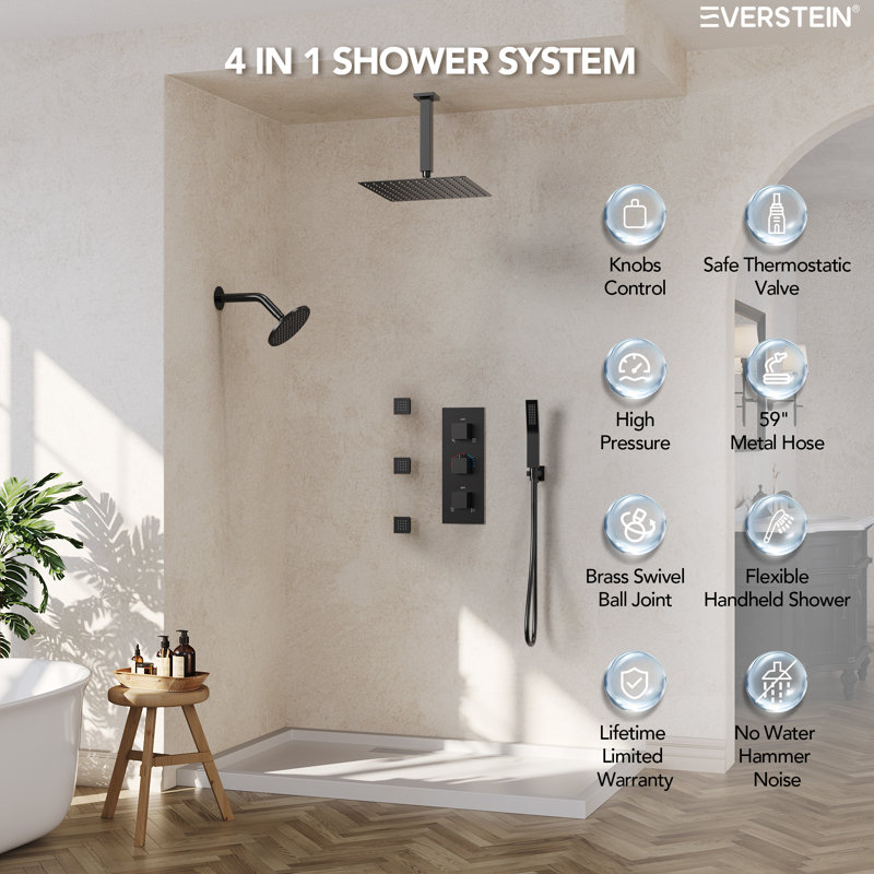 Thermostatic Dual Showerheads System, Ceiling Mount 12" High-Pressure Rainfall Shower Faucet with Handheld Spray, Matte Black