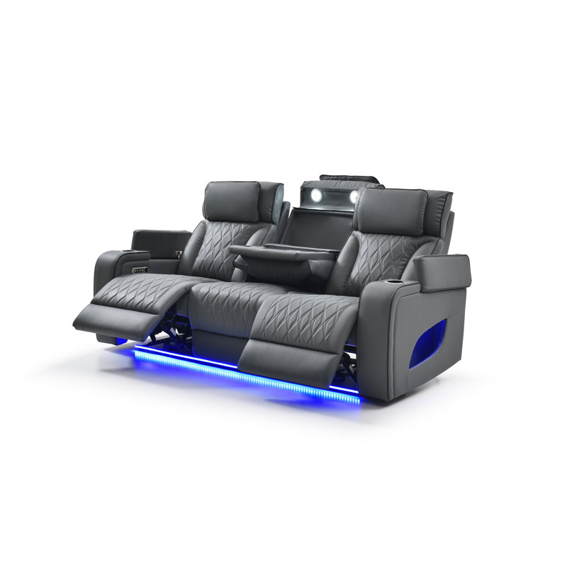 Canapé inclinable électrique 3 places avec console rabattable, éclairage ambiant à DEL, charge sans fil et appuis-tête réglables - similicuir gris
