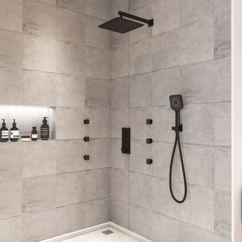 3 Functions 12 Inch Wall Mount Thermostatic Shower System with 6 Body Jets, Matte Black