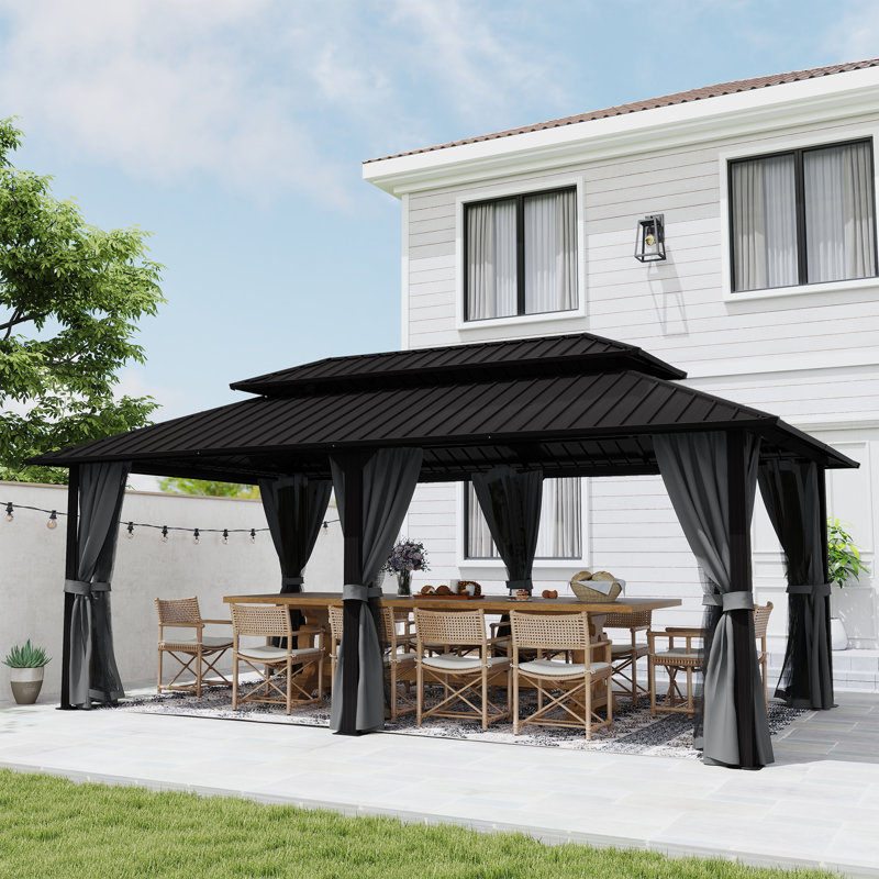 D Double Roof Hardtop Aluminum Patio Gazebo with Netting and Curtains, 77.3" H x 213.7" W x 122.3" D, Gray, Gray