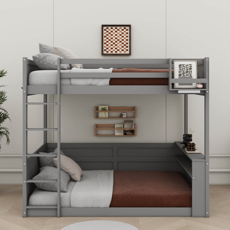 Queen Size Bunk Bed Featuring Built-In Shelves, LED Illumination, And USB Charging Socket, Grey