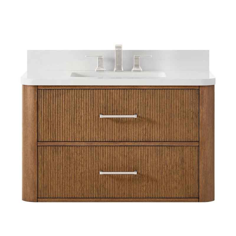 Meuble-lavabo mural simple en chêne scandinave de 36 po Francesca, comptoir en quartz blanc arrondi, lavabo carré encastré (3 trous), garniture noir mat