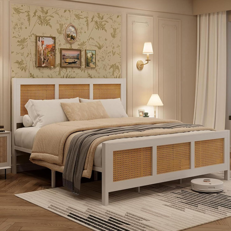 Rattan Bed Frame With Headboard, Boho Cane Platform Bed Frame With Strong Metal Slat, Noise Free, King, White