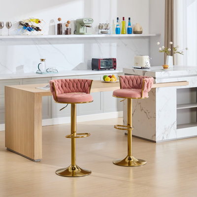 Ensemble de 2 tabourets de bar George avec dossier rembourré en velours tissé, tabourets de comptoir réglables en hauteur, tabourets de cuisine pivotants pour îlot de cuisine, bar, rose